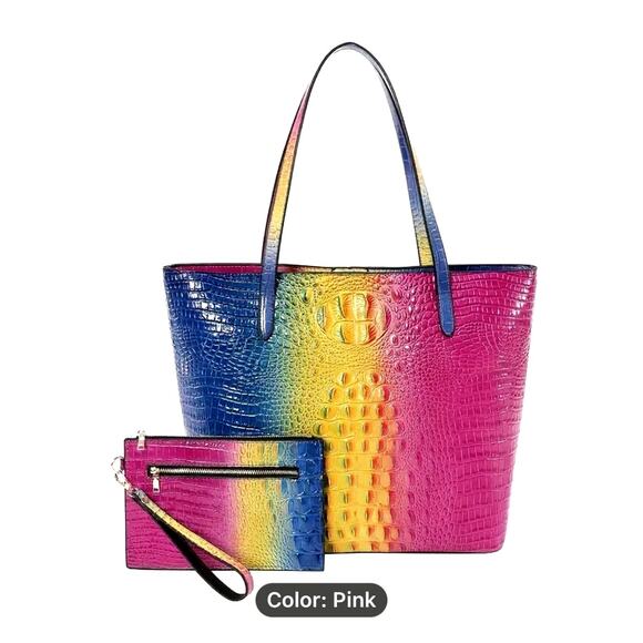 Colorblock Gradient Luxury Large Shoulder Handbag w/clutch Rose Red - Picture 1 of 6